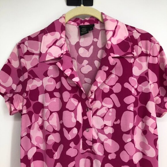 BCBGMaxAzria Pink Abstract Camo Shortsleeve 1/4 Button Midi Dress w/ belt M - Picture 5 of 16